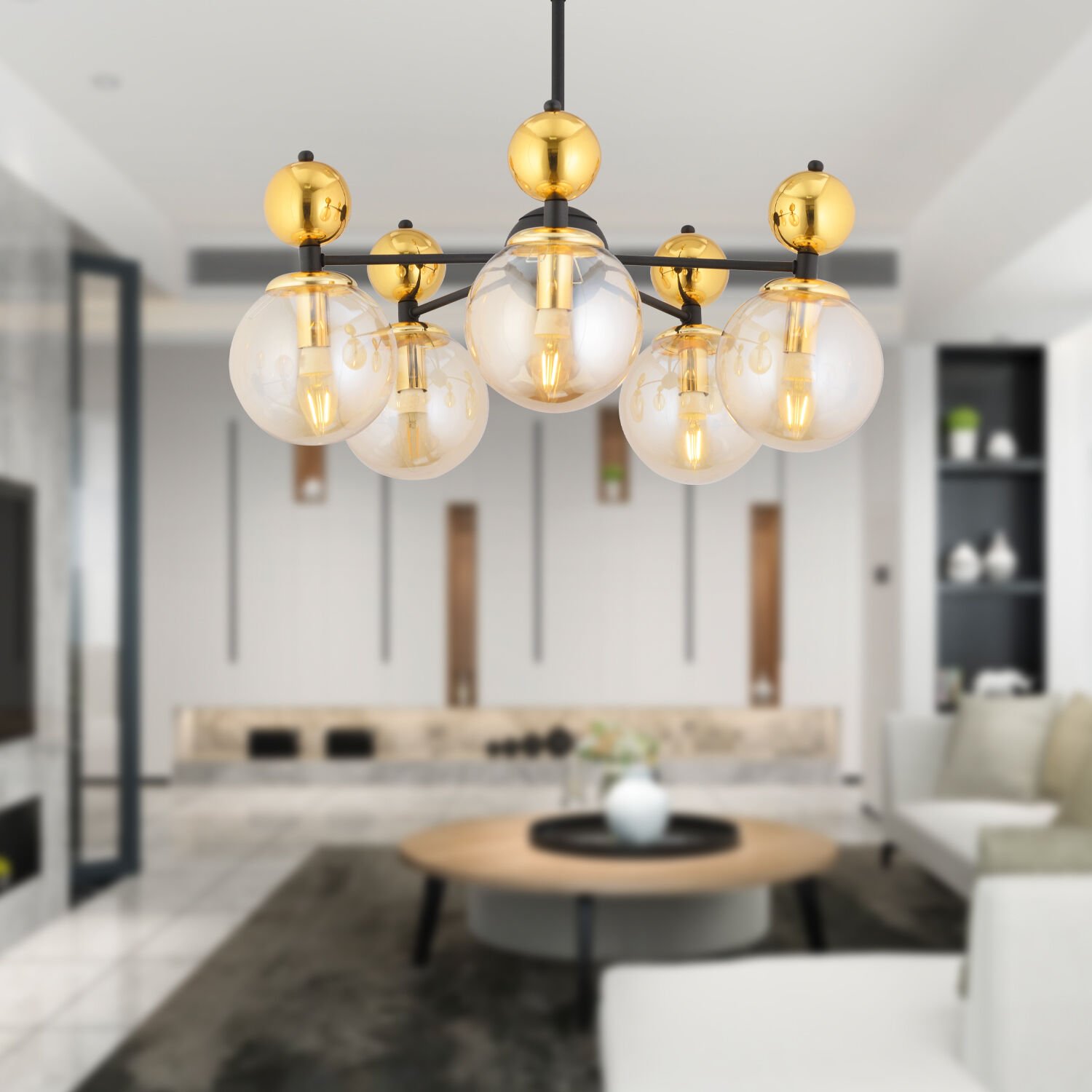 Kuvars 5'li Siyah Gold Modern Koridor, Oturma Odası Salon Avize