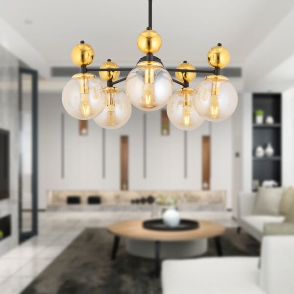 Kuvars 5'li Siyah Gold Modern Koridor, Oturma Odası Salon Avize