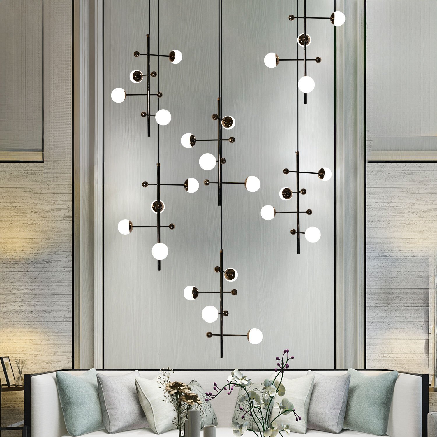 Addo Siyah 6'lı Sıralı  24 Watt Modern Sarkıt Koridor, Yemek Masası Üstü, Salon Sarkıt Led Avize