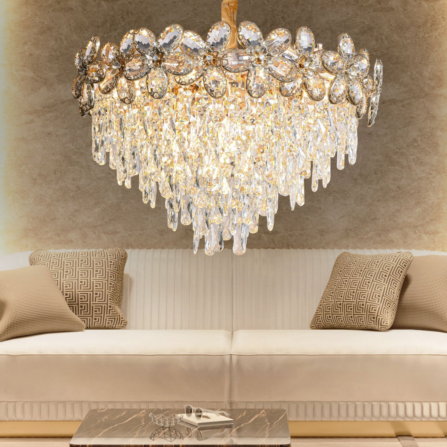 Saral 80'lik Yuvarlak Gold Kristal Taşlı Modern Tasarım Salon Avize