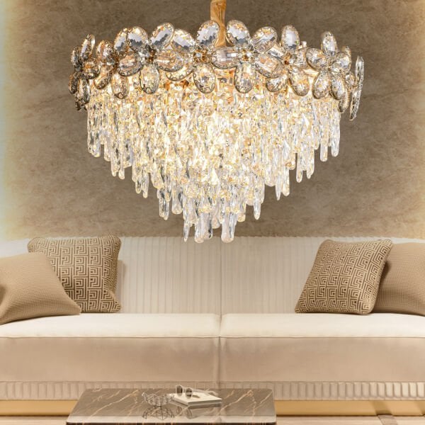 Saral 80'lik Yuvarlak Gold Kristal Taşlı Modern Tasarım Salon Avize