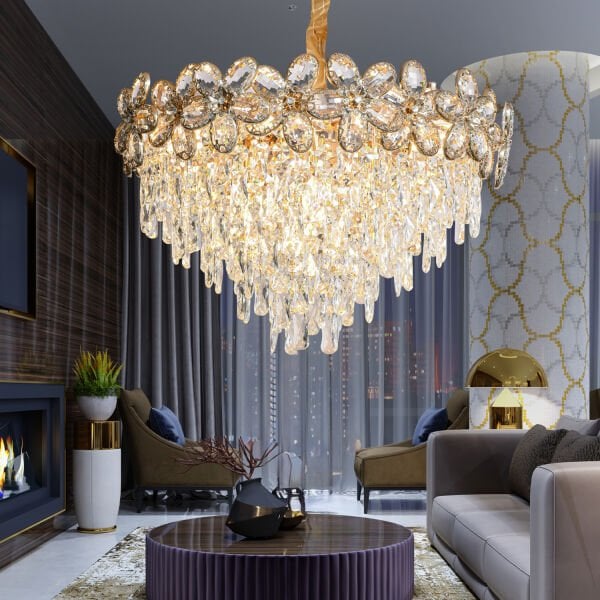 Saral 60'lık Yuvarlak Gold Kristal Taşlı Modern Tasarım Salon Avize