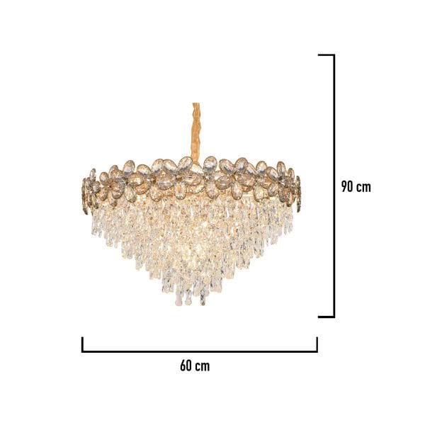 Saral 60'lık Yuvarlak Gold Kristal Taşlı Modern Tasarım Salon Avize