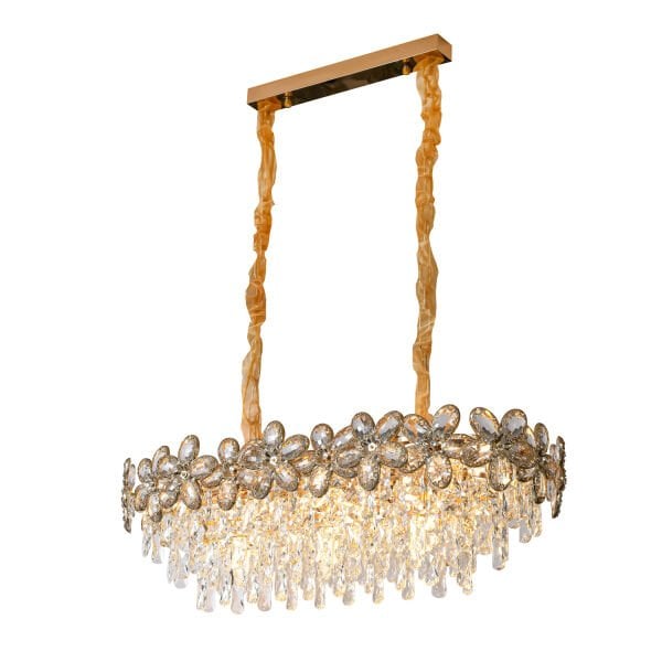 Saral Sıralı Gold Yemek Masası Üstü, Kristal Taşlı Modern Tasarım Salon Avize