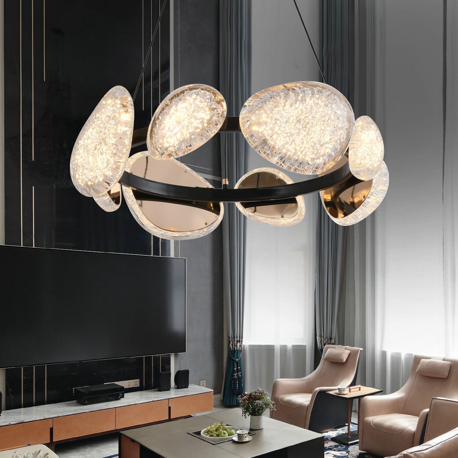 Firuze 8'li 60 Watt Eskitme Kristal Taşlı Modern Tasarım Salon Led Avize