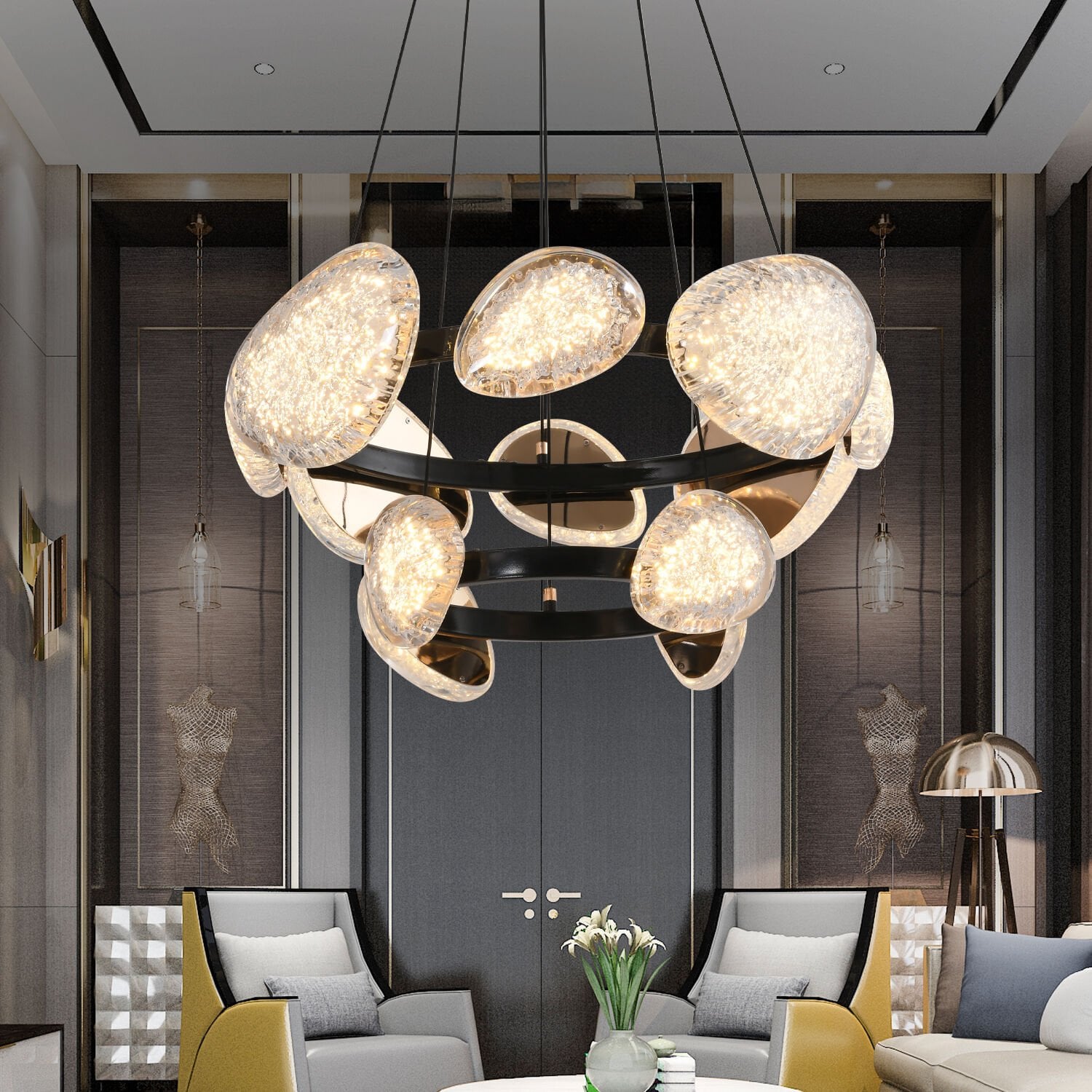 Firuze İki Katlı 80 Watt Eskitme Kristal Taşlı Modern Tasarım Salon Led Avize