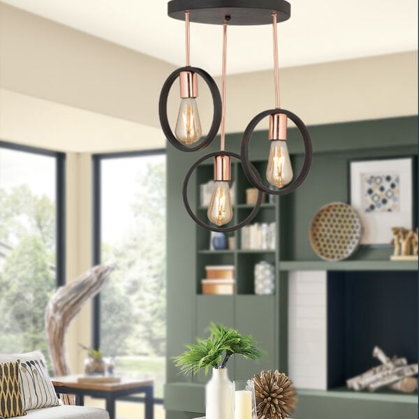 Halka 3Lü Yuvarlak Bakır Siyah Modern Koridor Mutfak Salon Retro Avize