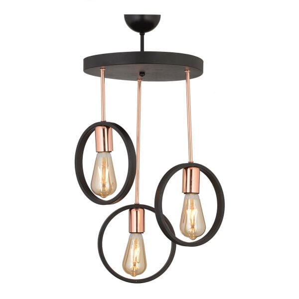 Halka 3Lü Yuvarlak Bakır Siyah Modern Koridor Mutfak Salon Retro Avize