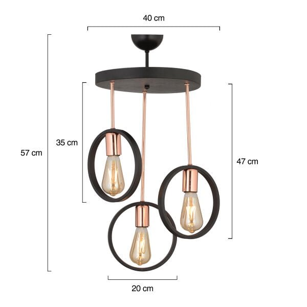 Halka 3Lü Yuvarlak Bakır Siyah Modern Koridor Mutfak Salon Retro Avize