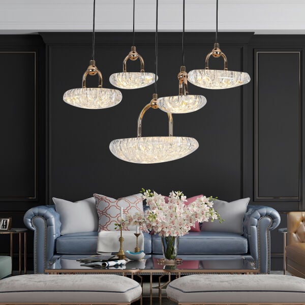 Firuze 5'Lİ 30 Watt Sarkıt Eskitme Kristal Taşlı Modern Tasarım Salon Led Avize