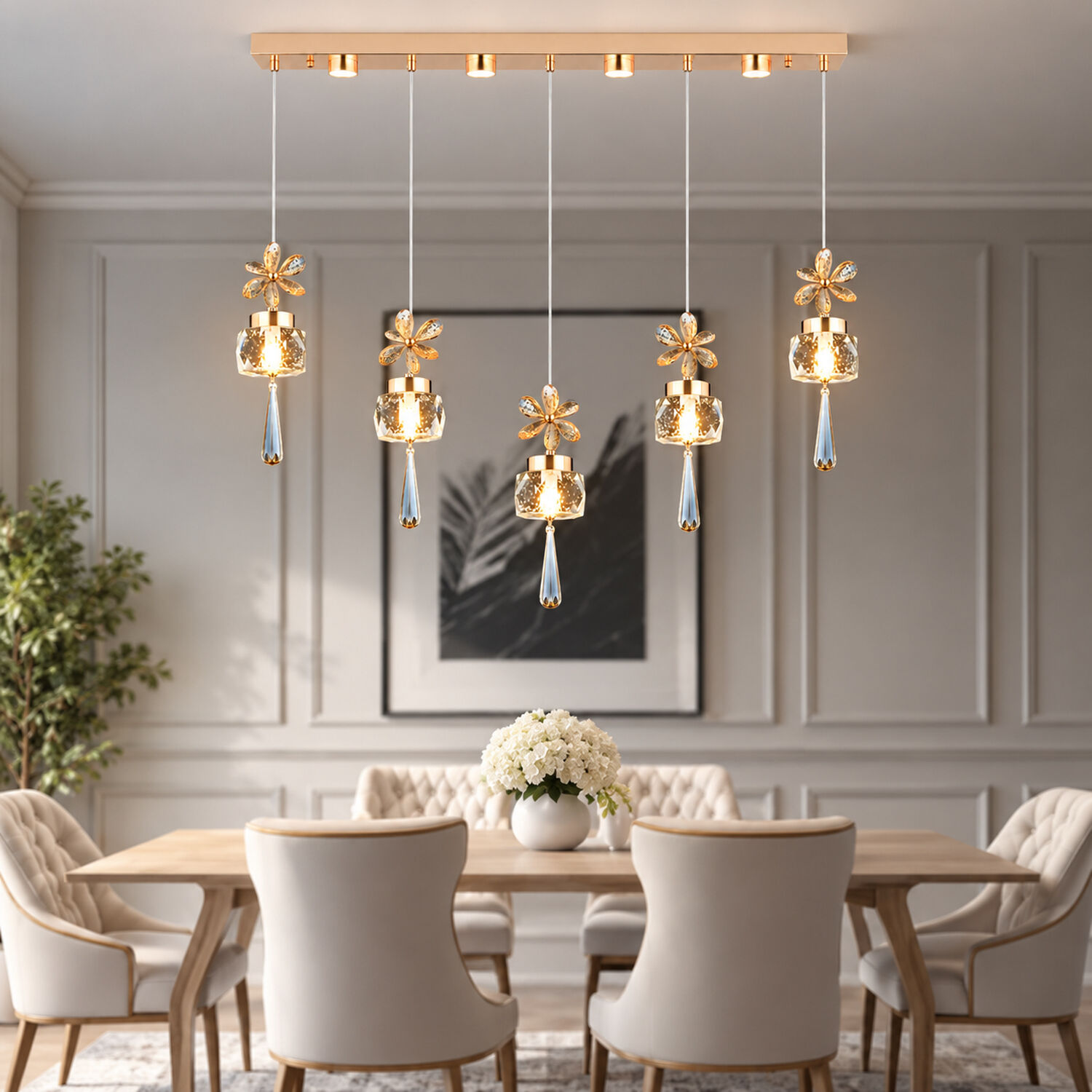 Amaris 5'li Sıralı 3 Renkli 70 Watt Gold Kelebek Led Avize Kristal Ledli Modern Oturma Odası Salon Sarkıt Avize