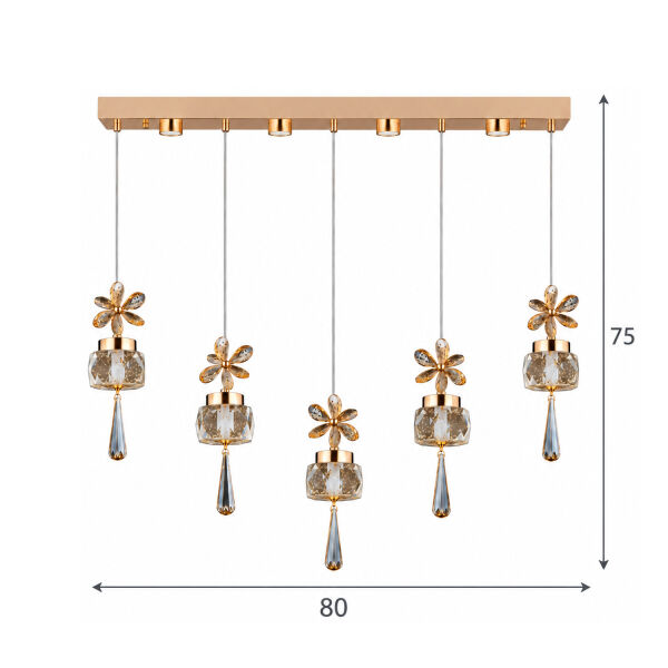 Amaris 5'li Sıralı 3 Renkli 70 Watt Gold Kelebek Led Avize Kristal Ledli Modern Oturma Odası Salon Sarkıt Avize