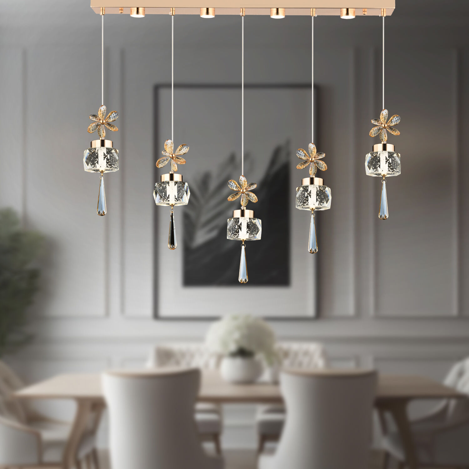 Amaris 5'li Sıralı 3 Renkli 70 Watt Gold Kelebek Led Avize Kristal Ledli Modern Oturma Odası Salon Sarkıt Avize