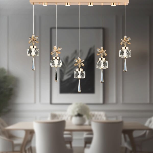 Amaris 5'li Sıralı 3 Renkli 70 Watt Gold Kelebek Led Avize Kristal Ledli Modern Oturma Odası Salon Sarkıt Avize