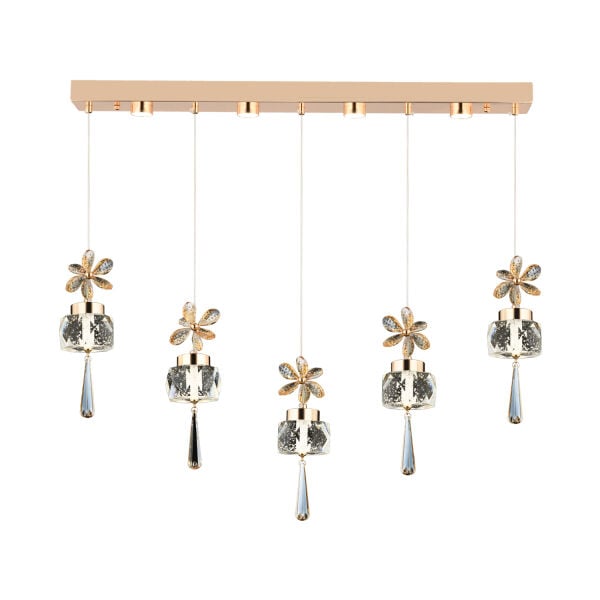 Amaris 5'li Sıralı 3 Renkli 70 Watt Gold Kelebek Led Avize Kristal Ledli Modern Oturma Odası Salon Sarkıt Avize