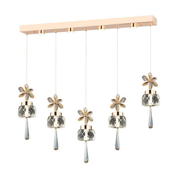 Amaris 5'li Sıralı 3 Renkli 70 Watt Gold Kelebek Led Avize Kristal Ledli Modern Oturma Odası Salon Sarkıt Avize