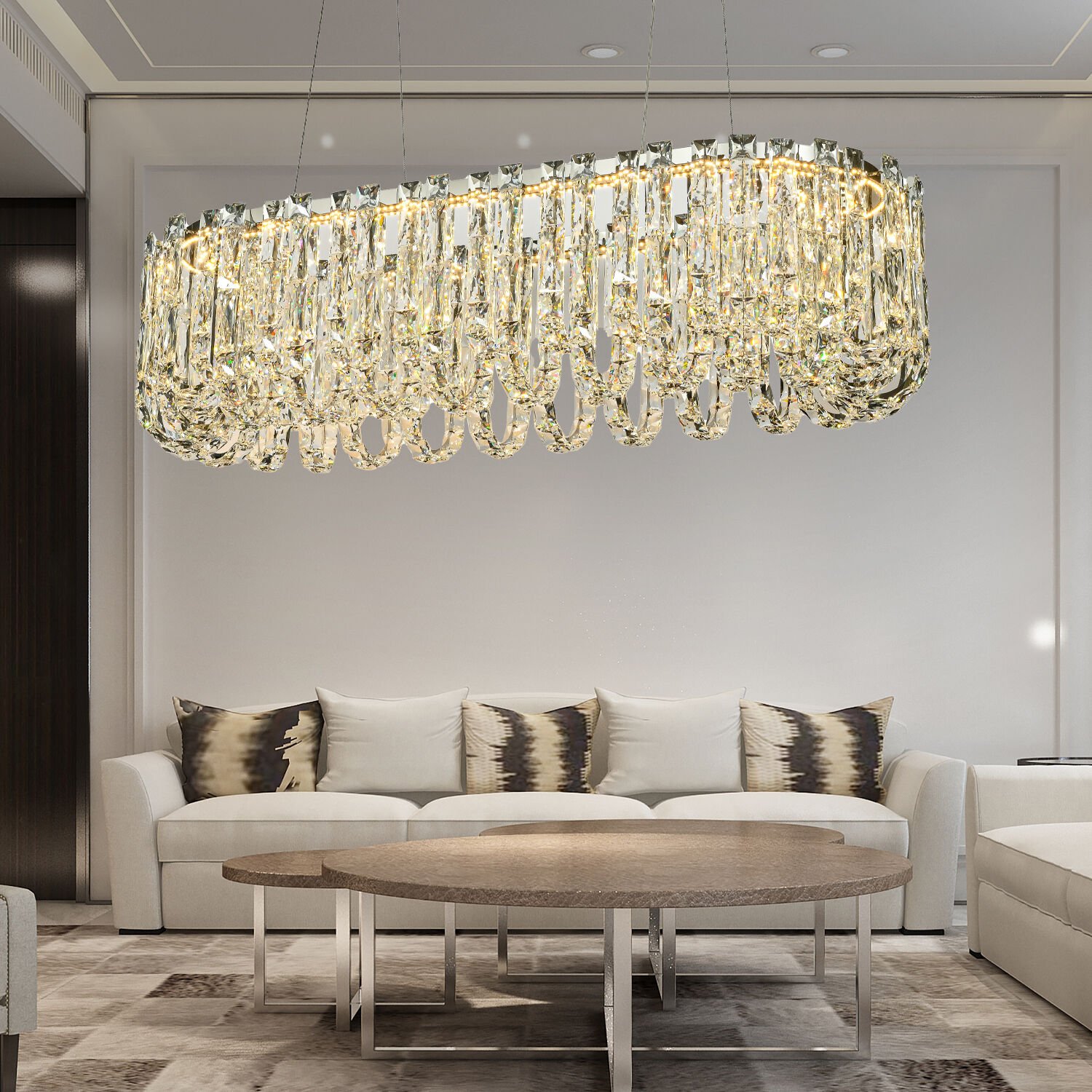 Zora Krom Sıralı 51 Watt Kristal Taşlı Modern Tasarım Yemeke Masası Üstü Salon  Led Avize