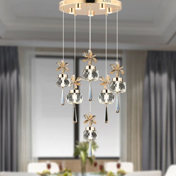 Amaris 6'lı Yuvarlak Gold Kelebek Led Avize Kristal Ledli Modern Oturma Odası Büyük Salon Sarkıt Avize