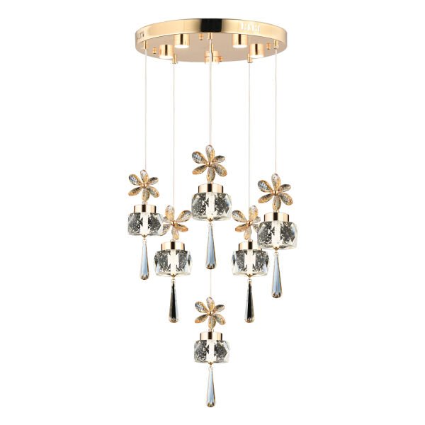 Amaris 6'lı Yuvarlak Gold Kelebek Led Avize Kristal Ledli Modern Oturma Odası Büyük Salon Sarkıt Avize