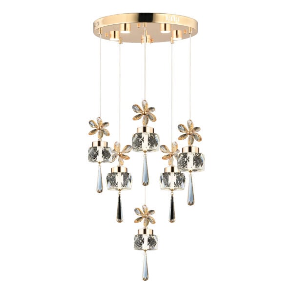 Amaris 6'lı Yuvarlak Gold Kelebek Led Avize Kristal Ledli Modern Oturma Odası Büyük Salon Sarkıt Avize