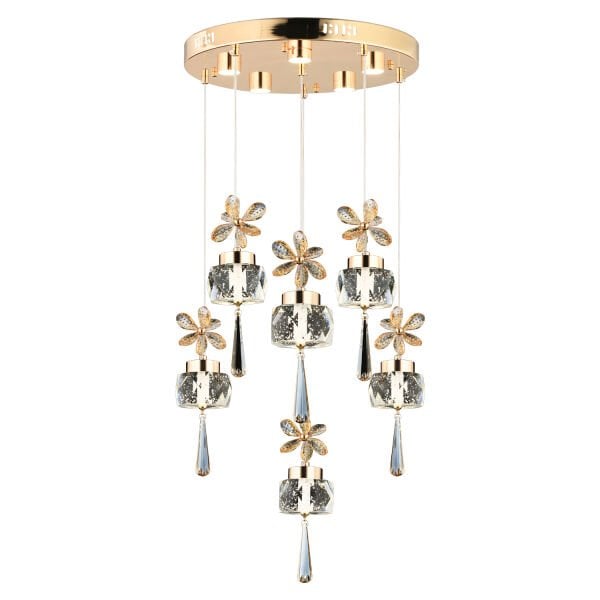 Amaris 6'lı Yuvarlak Gold Kelebek Led Avize Kristal Ledli Modern Oturma Odası Büyük Salon Sarkıt Avize