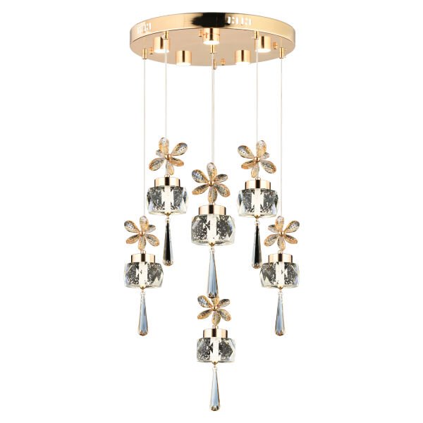 Amaris 6'lı Yuvarlak Gold Kelebek Led Avize Kristal Ledli Modern Oturma Odası Büyük Salon Sarkıt Avize