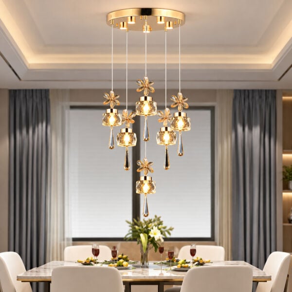 Amaris 6'lı Yuvarlak Gold Kelebek Led Avize Kristal Ledli Modern Oturma Odası Büyük Salon Sarkıt Avize