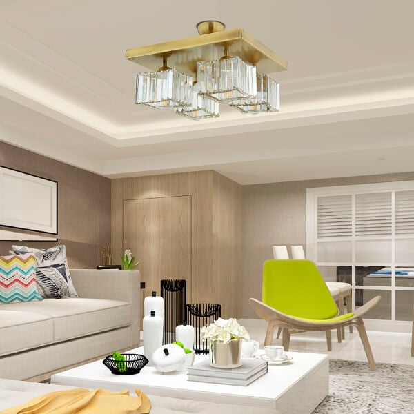 Rivia 4 Lü Eskitme Plafonyer Kristalli Taşlı Modern Tasarım Kristal Salon Avize