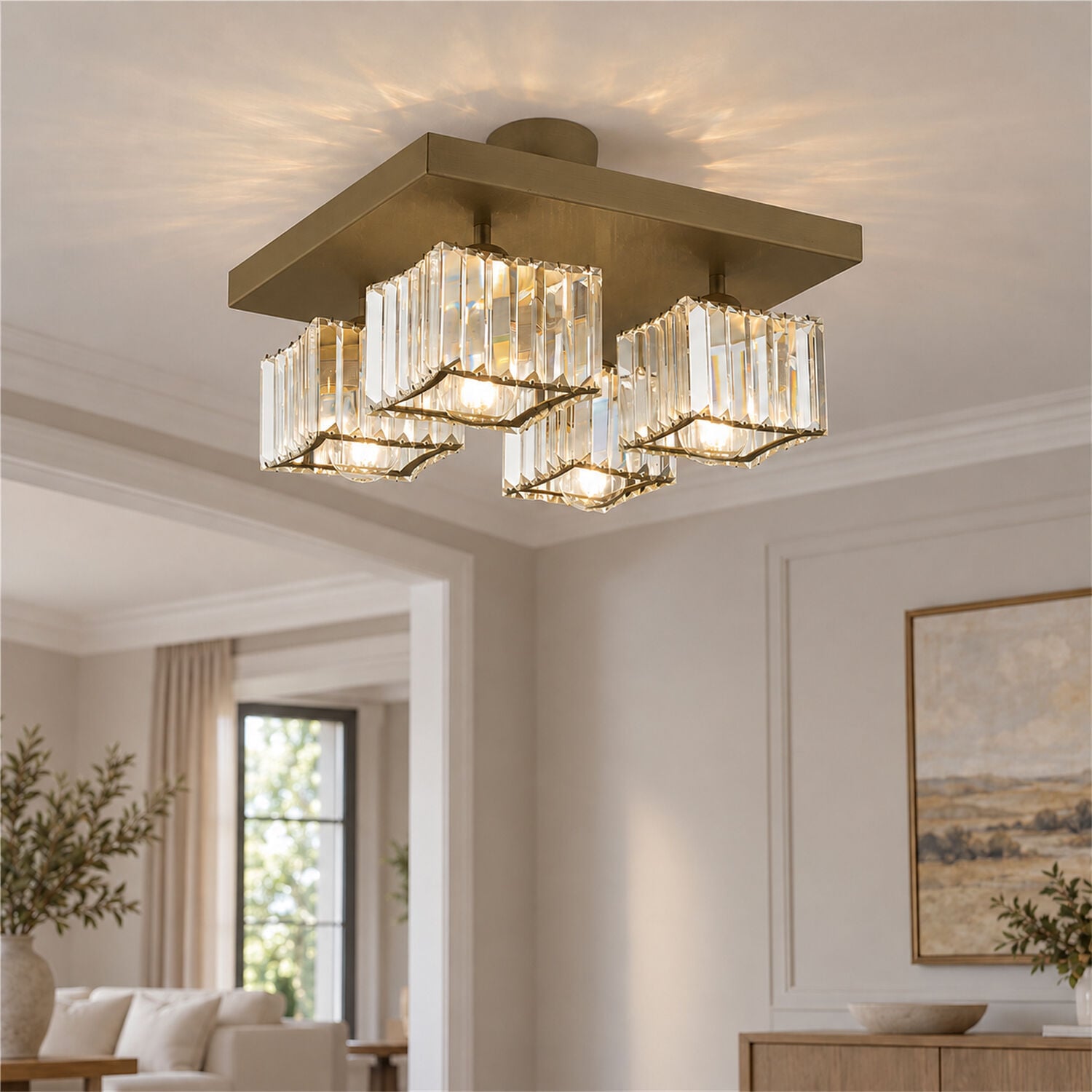 Rivia 4 Lü Eskitme Plafonyer Kristalli Taşlı Modern Tasarım Kristal Salon Avize