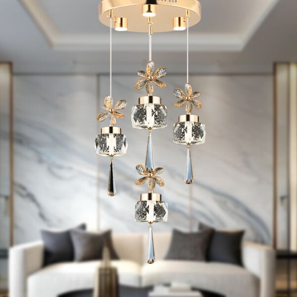 Amaris 4'lü Yuvarlak 3 Renkli 52 Watt Gold Kelebek Led Avize Kristal Ledli Modern Oturma Odası Salon Sarkıt Avize