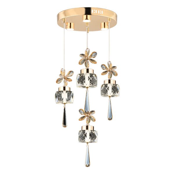 Amaris 4'lü Yuvarlak 3 Renkli 52 Watt Gold Kelebek Led Avize Kristal Ledli Modern Oturma Odası Salon Sarkıt Avize