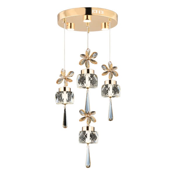 Amaris 4'lü Yuvarlak 3 Renkli 52 Watt Gold Kelebek Led Avize Kristal Ledli Modern Oturma Odası Salon Sarkıt Avize