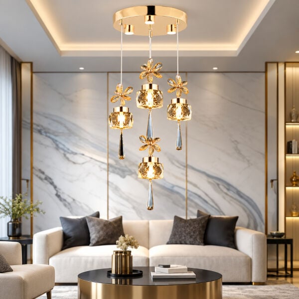 Amaris 4'lü Yuvarlak 3 Renkli 52 Watt Gold Kelebek Led Avize Kristal Ledli Modern Oturma Odası Salon Sarkıt Avize