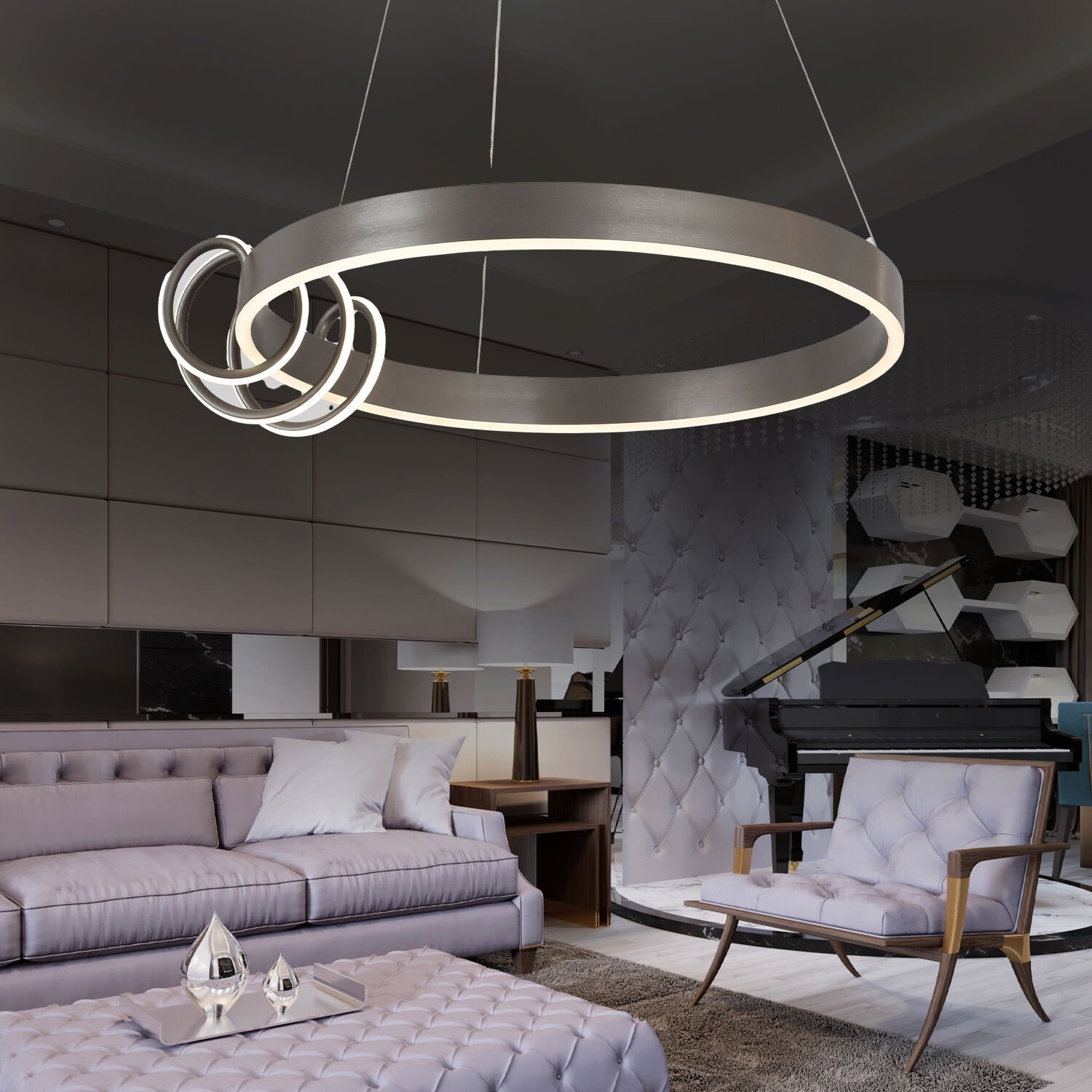 Feyza Krom Yuvarlak 50 Watt Modern Tasarım Salon Avize