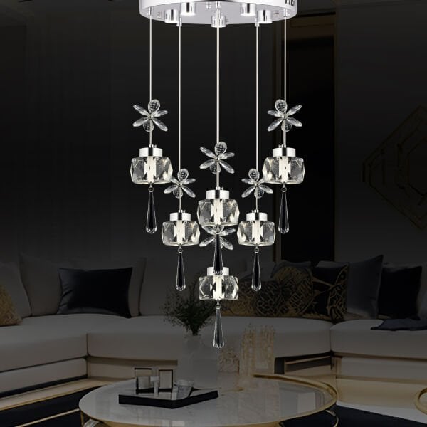 Amaris 6'lı Yuvarlak 3 Renkli 79 Watt Krom Kelebek Led Avize Kristal Ledli Modern Oturma Odası Büyük Salon Sarkıt Avize