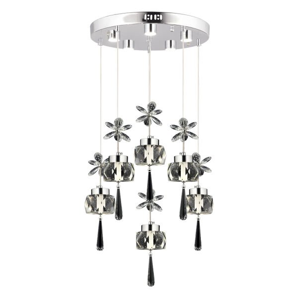 Amaris 6'lı Yuvarlak 3 Renkli 79 Watt Krom Kelebek Led Avize Kristal Ledli Modern Oturma Odası Büyük Salon Sarkıt Avize