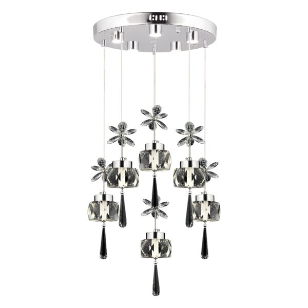 Amaris 6'lı Yuvarlak 3 Renkli 79 Watt Krom Kelebek Led Avize Kristal Ledli Modern Oturma Odası Büyük Salon Sarkıt Avize