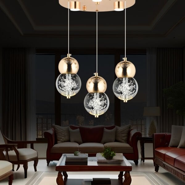 Sasha 3'lü Yuvarlak 3 Renkli 48 Watt Gold Kristal Ledli Modern Oturma Odası Salon Sarkıt Avize