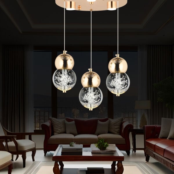 Sasha 3'lü Yuvarlak 3 Renkli 48 Watt Gold Kristal Ledli Modern Oturma Odası Salon Sarkıt Avize