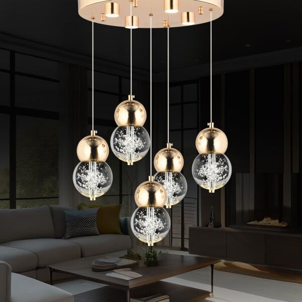 Sasha 5'li Yuvarlak 3 Renkli 57 Watt Gold Kristal Ledli Modern Oturma Odası Salon Sarkıt Avize