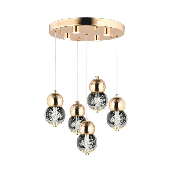 Sasha 5'li Yuvarlak 3 Renkli 57 Watt Gold Kristal Ledli Modern Oturma Odası Salon Sarkıt Avize