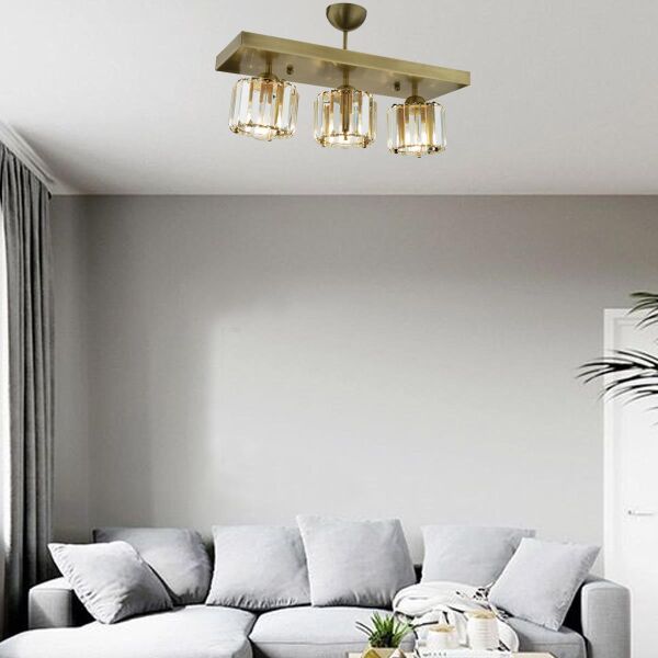 Sabrina 3 Lü Sıralı Eskitme Plafonyer Kristalli Taşlı Modern Tasarım Kristal Salon Avize