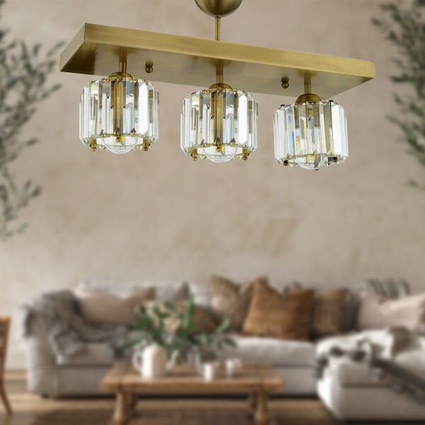 Sabrina 3 Lü Sıralı Eskitme Plafonyer Kristalli Taşlı Modern Tasarım Kristal Salon Avize