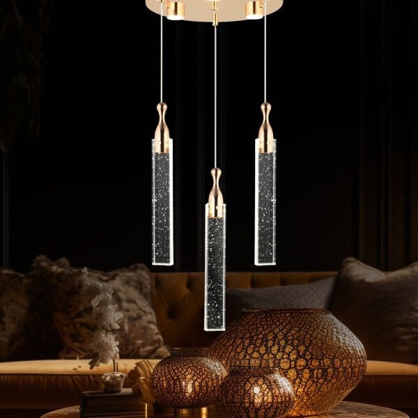 Klaus 3'lü Yuvarlak 3 Renkli 48 Watt Gold Kristal Ledli Modern Oturma Odası Salon Sarkıt Avize