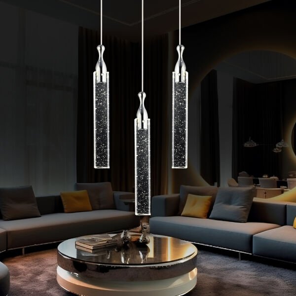 Klaus 3'lü Yuvarlak 3 Renkli 48 Watt Krom Kristal Ledli Modern Oturma Odası Salon Sarkıt Avize