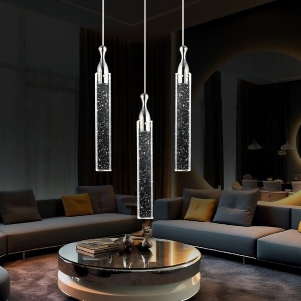 Klaus 3'lü Yuvarlak 3 Renkli 48 Watt Krom Kristal Ledli Modern Oturma Odası Salon Sarkıt Avize