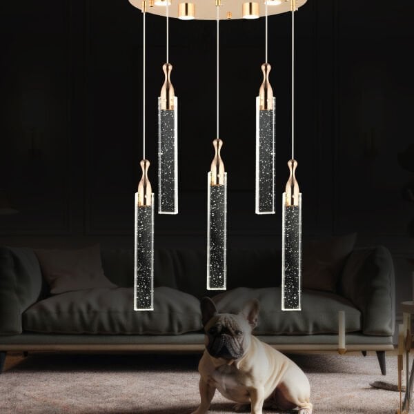 Klaus 5'li Yuvarlak 3 Renkli 75 Watt Gold Kristal Ledli Modern Oturma Odası Salon Sarkıt Avize