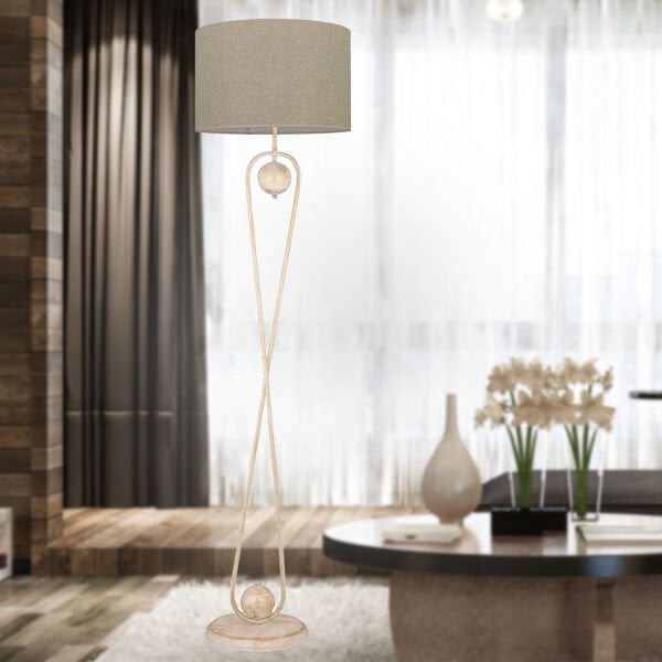 Letta Eskitme Şapkalı Beyaz Modern Tasarım Ayaklı Abajur Lamba Metal Lambader