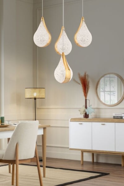 Biana 4'lü Yuvarlak Gold Damla Başlıklı Modern Salon Led Avize