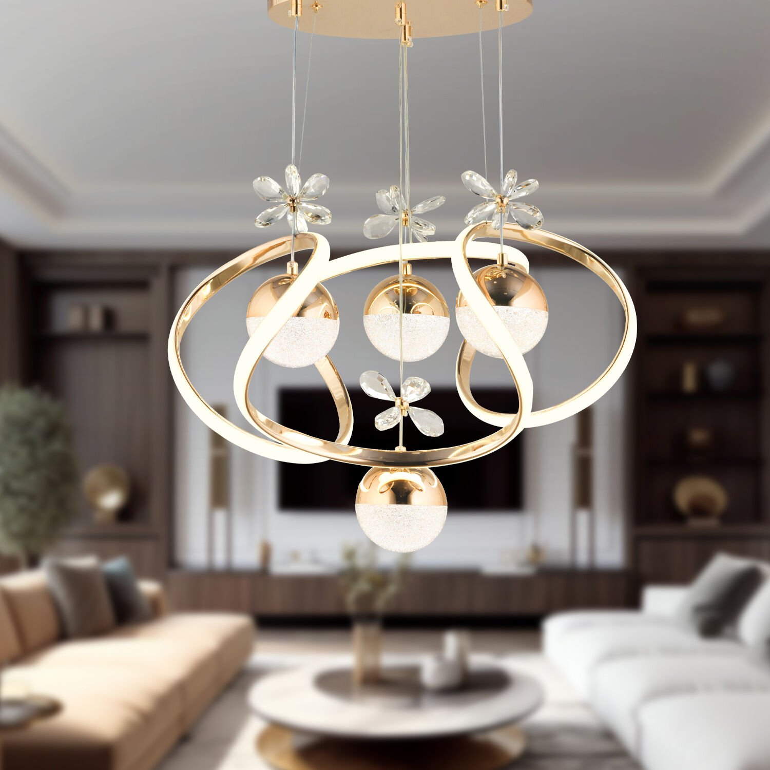 Jonas Gold 3 Renkli 103 Watt Kristal Ledli Modern Oturma Odası Salon Sarkıt Avize